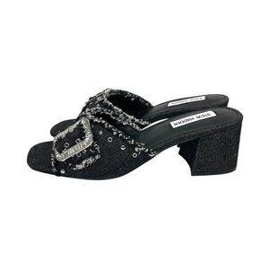 Steve Madden Black Denim Sandals Slip On Mule Sandals Block Heel Studs SZ 8 NIB
